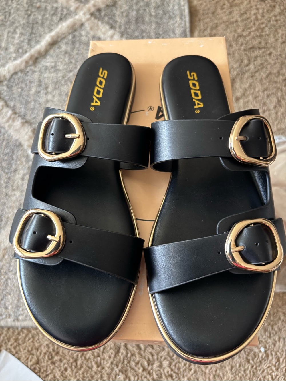 Soda Black Double-Buckle Slide Sandals with Gold Accents